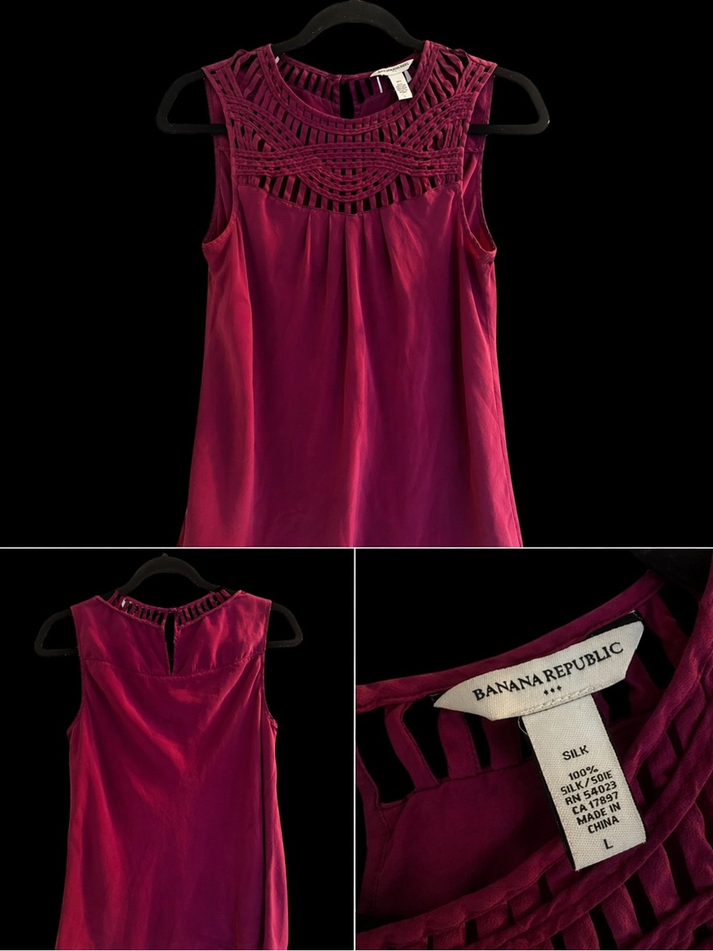Banana Republic Berry Sleeveless 100% Silk Top with Lattice Yoke
